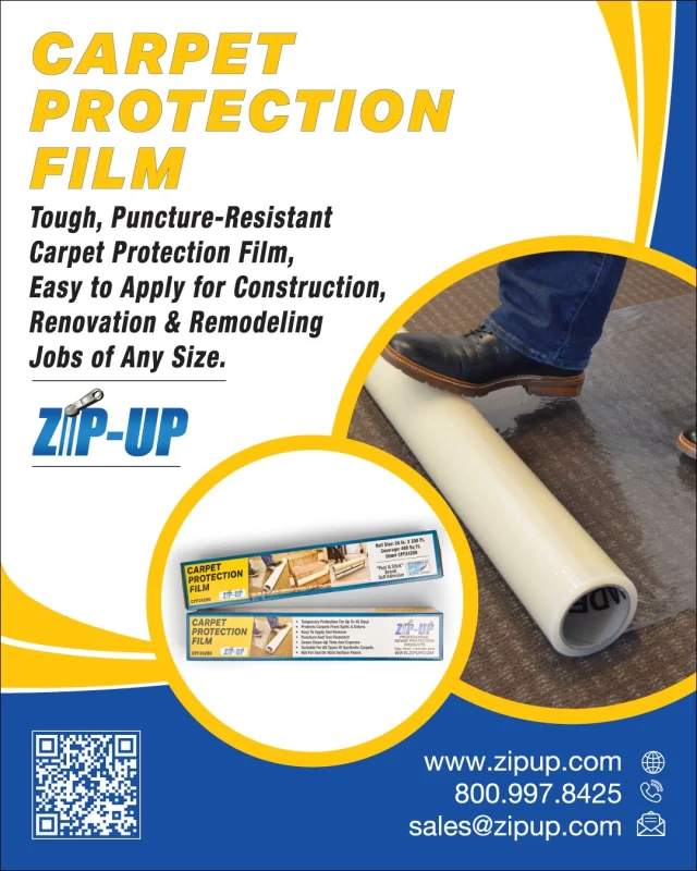 𝗖𝗮𝗿𝗽𝗲𝘁 𝗣𝗿𝗼𝘁𝗲𝗰𝘁𝗶𝗼𝗻 𝗙𝗶𝗹𝗺 is ideal for both Commercial And Residential Construction.

𝗭𝗶𝗽-𝗨𝗽 temporary carpet protection film is made from 𝙃𝙞𝙜𝙝 𝙎𝙩𝙧𝙚𝙣𝙜𝙩𝙝 𝙋𝙪𝙣𝙘𝙩𝙪𝙧𝙚-𝙍𝙚𝙨𝙞𝙨𝙩𝙖𝙣𝙩 𝙋𝙤𝙡𝙮. The roll is wound with the adhesive side out to allow for easy application to the carpet with or without an applicator.

Call 𝟭-𝟴𝟬𝟬-𝟵𝟵𝟳-𝟴𝟰𝟮𝟱 or Email: 𝘀𝗮𝗹𝗲𝘀@𝘇𝗶𝗽𝘂𝗽.𝗰𝗼𝗺 for more info.

#carpetprotection #floorprotection #jobsiteprotection #jobsite #carpetsaver #carpet #floor #construction #abatement #buildingmaterials #containment #dustcontrol #foottraffic #zipup #zipupproducts #trendingnow