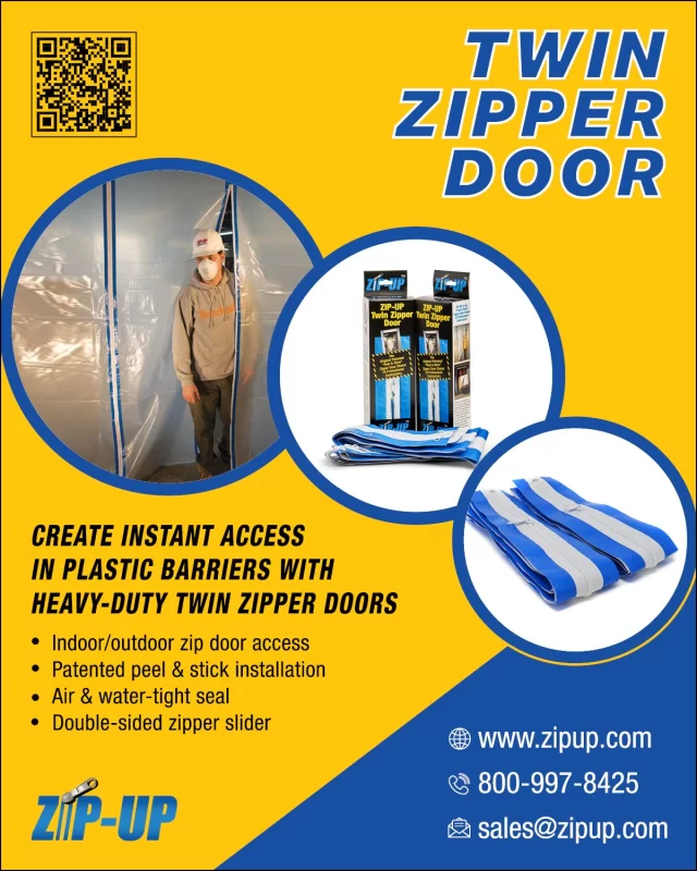 𝗧𝗪𝗜𝗡 𝗭𝗜𝗣𝗣𝗘𝗥 𝗗𝗢𝗢𝗥 𝗯𝘆 𝗭𝗜𝗣-𝗨𝗣 𝗣𝗥𝗢𝗗𝗨𝗖𝗧𝗦
This patented airtight Twin Zipper Door is made to contain dirt, dust, and other contaminants. It is reliable and durable, providing optimal protection on the job. Designed for home improvement, commercial use, and other construction sites. 

Call 𝟭-𝟴𝟬𝟬-𝟵𝟵𝟳-𝟴𝟰𝟮𝟱 or Email: 𝘀𝗮𝗹𝗲𝘀@𝘇𝗶𝗽𝘂𝗽.𝗰𝗼𝗺 for more info.

#twinzipperdoor #constructionzipperdoor #zipwall #buildingmaterials #constructionmaterials #construction #constructionsupplies #zipupproducts #architect #hardwaresupplies #hdsupply #dustbarrier #dustbarriersystem #dustbarrierzipper #zipperwall #dustcontrol #dustcontainment