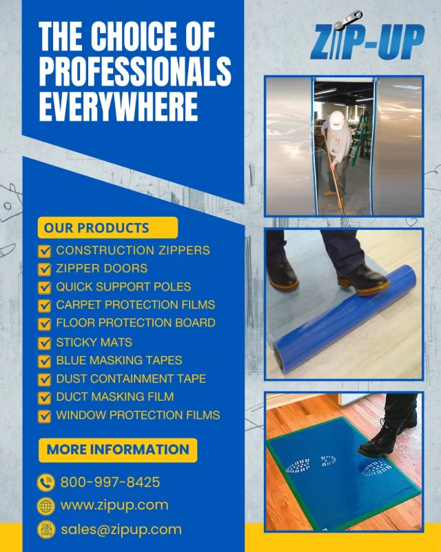Professional Grade Dust Containment and Job-site Protection Products 𝗯𝘆 𝗭𝗶𝗽-𝗨𝗽
Zipper Doors, Construction Tapes, Floor Protection and More.

Call: 𝟴𝟬𝟬-𝟵𝟵𝟳-𝟴𝟰𝟮𝟱 or Email: 𝘀𝗮𝗹𝗲𝘀@𝘇𝗶𝗽𝘂𝗽.𝗰𝗼𝗺 for more info.
-
-
-
-
#DustContainment #ZipperDoor #SupportPoles #BlueMaskingTape #jobsiteprotection #fllorprotection #floorboard #shoecovers #surfaceprotection #construction #buildingmaterials #zipup #zipupproducts #trendingnow