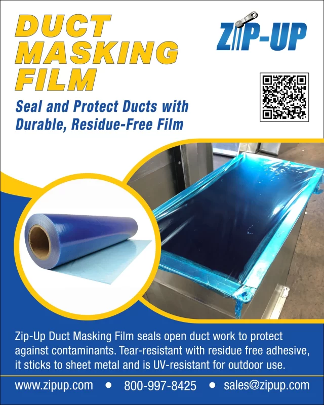 𝗭𝗶𝗽-𝗨𝗽 brand 𝗗𝘂𝗰𝘁 𝗠𝗮𝘀𝗸𝗶𝗻𝗴 𝗙𝗶𝗹𝗺 temporarily closing off open ductwork. It can be used to seal and protect uninstalled and partially installed ductwork from contaminants.

Call: 𝟴𝟬𝟬-𝟵𝟵𝟳-𝟴𝟰𝟮𝟱 or Email: 𝘀𝗮𝗹𝗲𝘀@𝘇𝗶𝗽𝘂𝗽.𝗰𝗼𝗺 for more info.

#construction #constructionmaterials #buildingmaterials #ductfilm #ductmasking #ductmaskingfilm #debriscontrol #dustcontrol #dustcontainment #zipup #zipupproducts