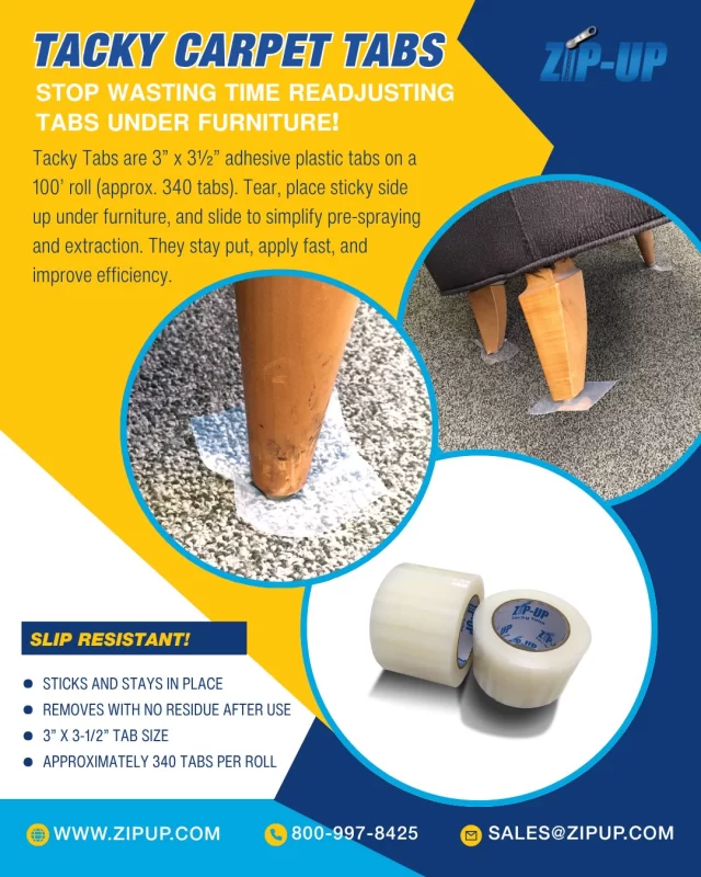 𝗦𝗧𝗢𝗣 𝗪𝗔𝗦𝗧𝗜𝗡𝗚 𝗧𝗜𝗠𝗘 𝗥𝗘𝗔𝗗𝗝𝗨𝗦𝗧𝗜𝗡𝗚 𝗧𝗔𝗕𝗦 𝗨𝗡𝗗𝗘𝗥 𝗙𝗨𝗥𝗡𝗜𝗧𝗨𝗥𝗘!
Tacky Tabs are 3” x 3½” adhesive plastic tabs on a 100’ roll (approx. 340 tabs). Just tear, place sticky side up under furniture, and slide it to ease pre-spraying and extraction. They stay put, apply quickly, and boost efficiency.
Call 𝟭-𝟴𝟬𝟬-𝟵𝟵𝟳-𝟴𝟰𝟮𝟱 or Email: 𝘀𝗮𝗹𝗲𝘀@𝘇𝗶𝗽𝘂𝗽.𝗰𝗼𝗺 for more info.
#floorprotection #jobsiteprotection #carpet #carpetprotection #tackytabs #homeimprovements #construction #buildingmaterials #furnituremoving #safecarpet #floorsaver #zipup #zipupproducts